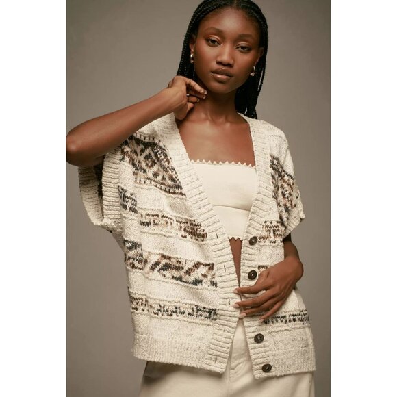Anthropologie Bohemian Knit Cardigan Sweater L Button Front Short Sleeve Beige - Picture 1 of 9